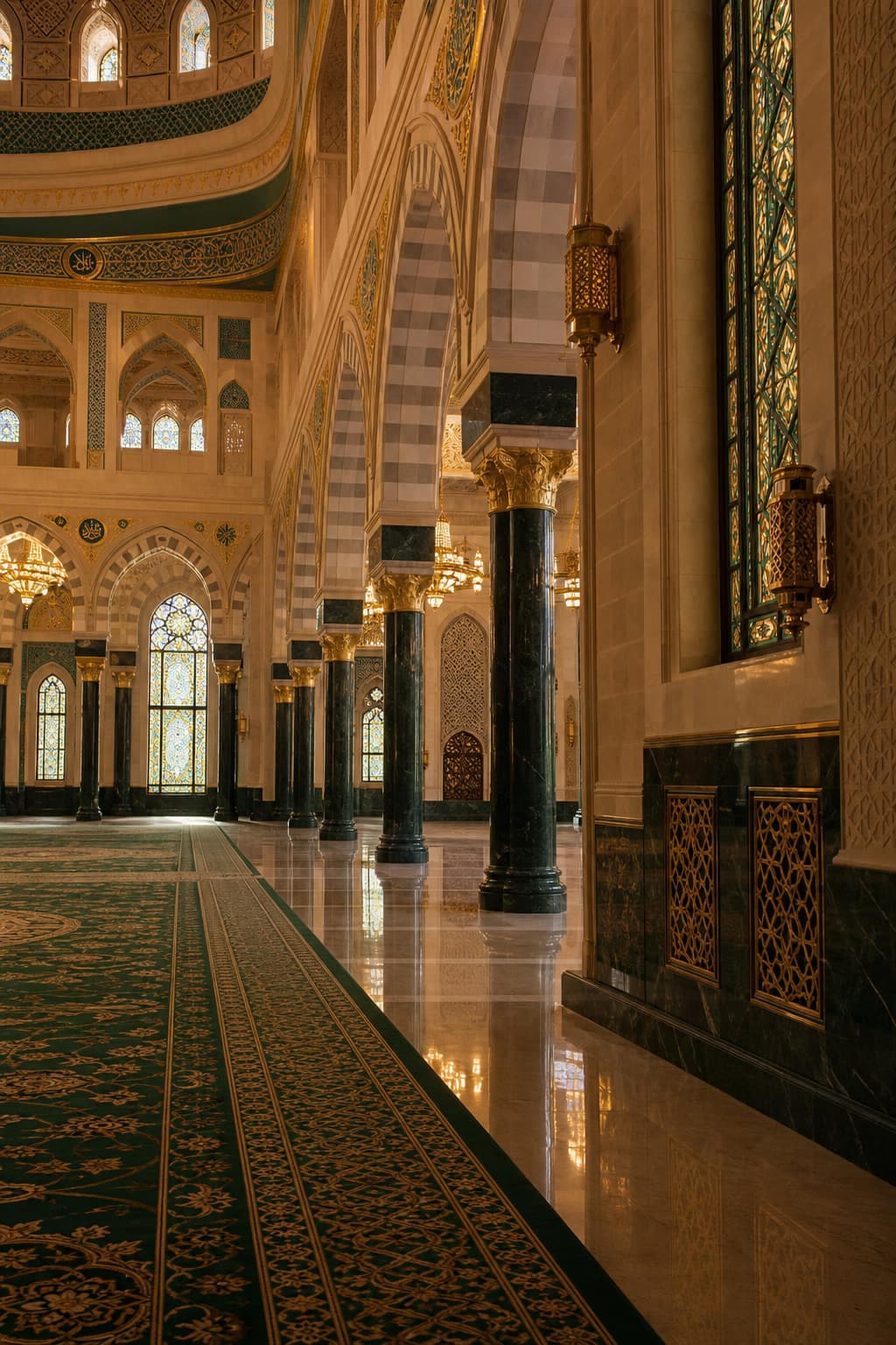 Empty mosque prayer hall with arched columns and warm light