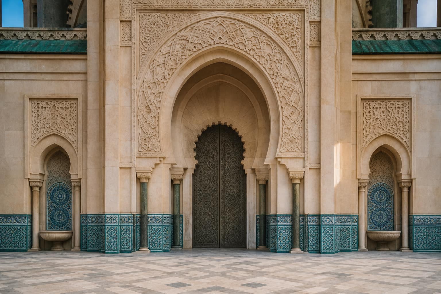 Ornate mosque doorway with Islamic geometric carving